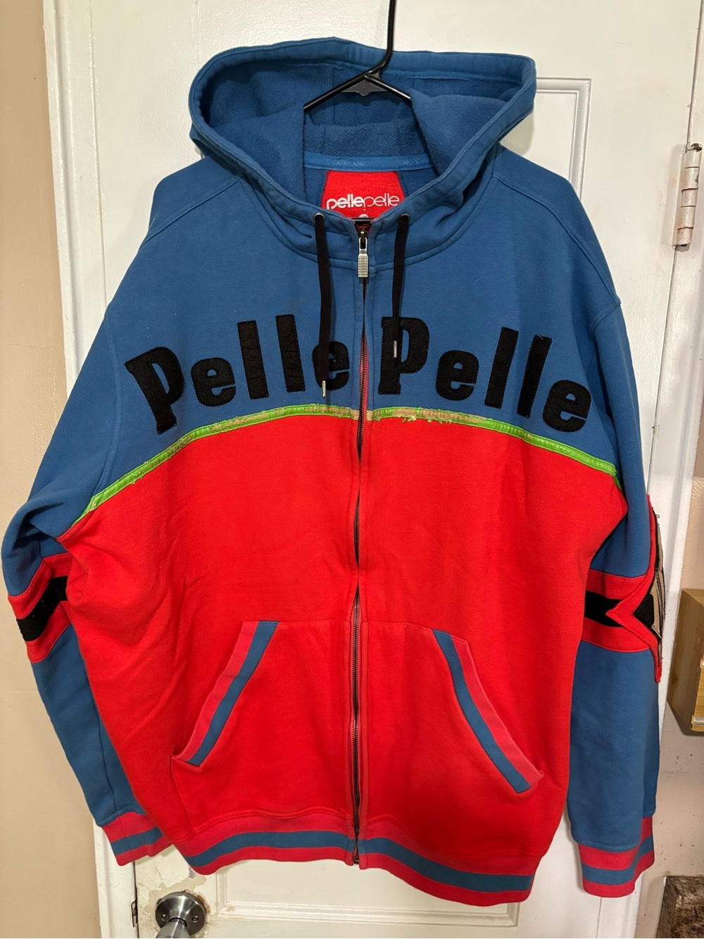 Pelle Pelle Soda Club Two-Tone Blue and Red Zip Hoodie with Bold Logo Men’s.